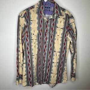 Vintage Wrangler Aztec Longhorn Pattern Pearl Snap Shirt in Red, Blue, and Beige